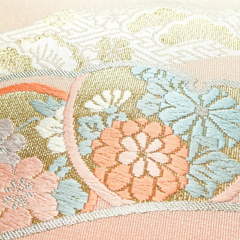 名古屋帯 太鼓柄 良品 正絹 古典柄 名古屋仕立て 箔 金糸 銀糸 帯 ピンク_画像3