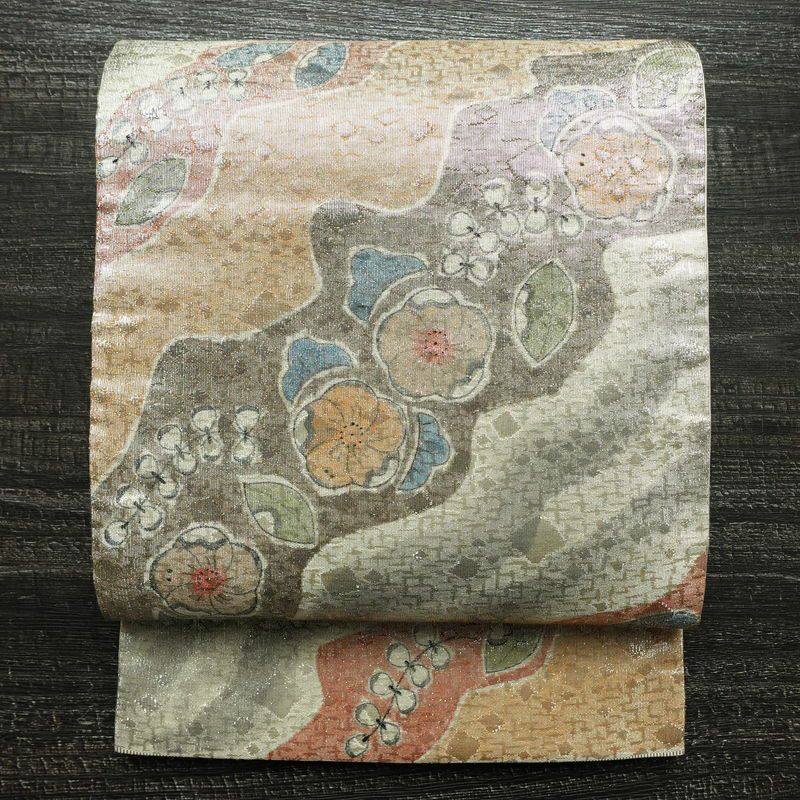 袋帯 太鼓柄 フォーマル用 正絹 木の葉・植物柄 箔 帯 金・銀_画像1