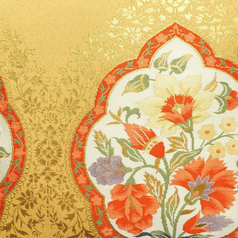 名古屋帯 太鼓柄 正絹 花柄 名古屋仕立て 箔 金通し 金糸 帯 黄・黄土色_画像2