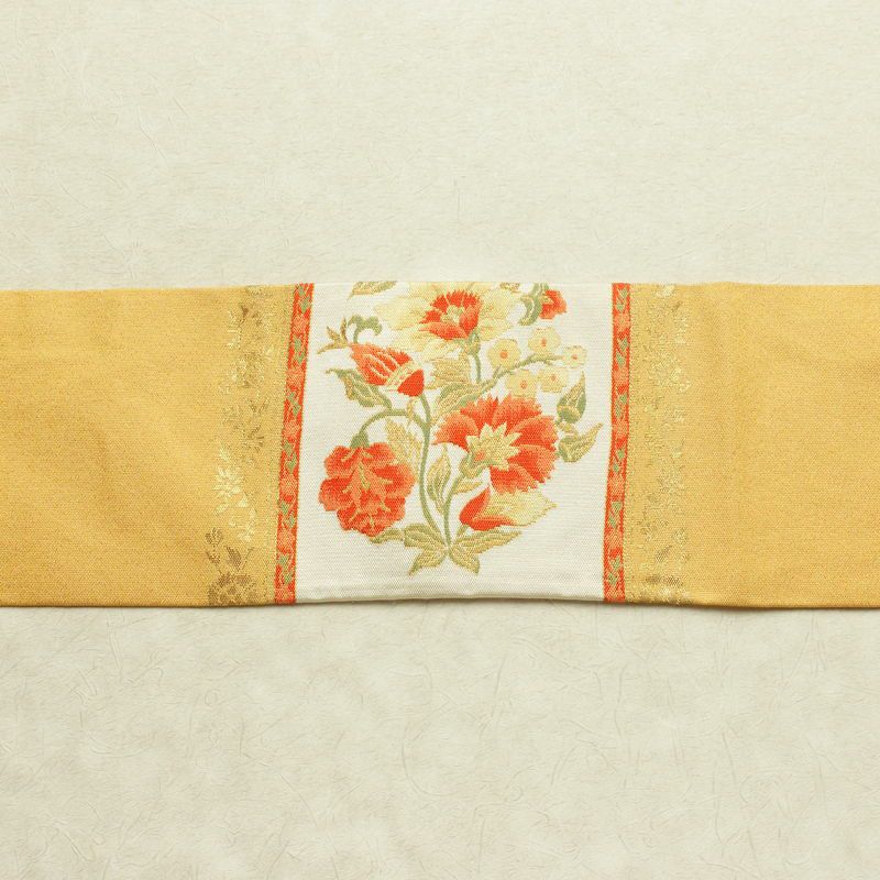 名古屋帯 太鼓柄 正絹 花柄 名古屋仕立て 箔 金通し 金糸 帯 黄・黄土色_画像13