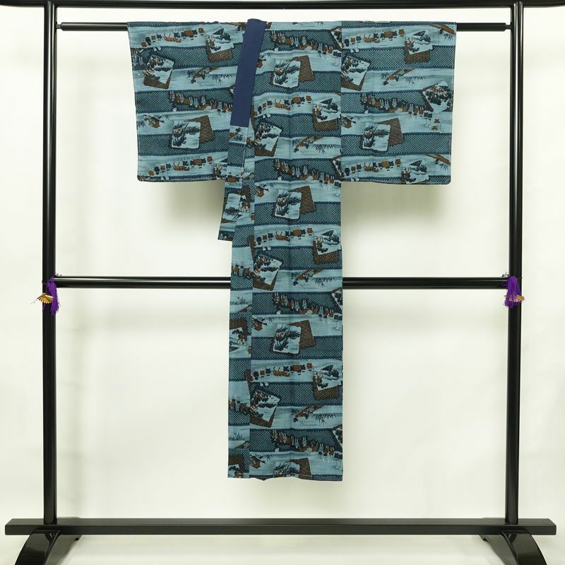 男性用 襦袢 美品 しつけ糸付き モスリン 風景柄 単衣仕立て 身丈134cm 裄丈66cm 青・紺_画像2