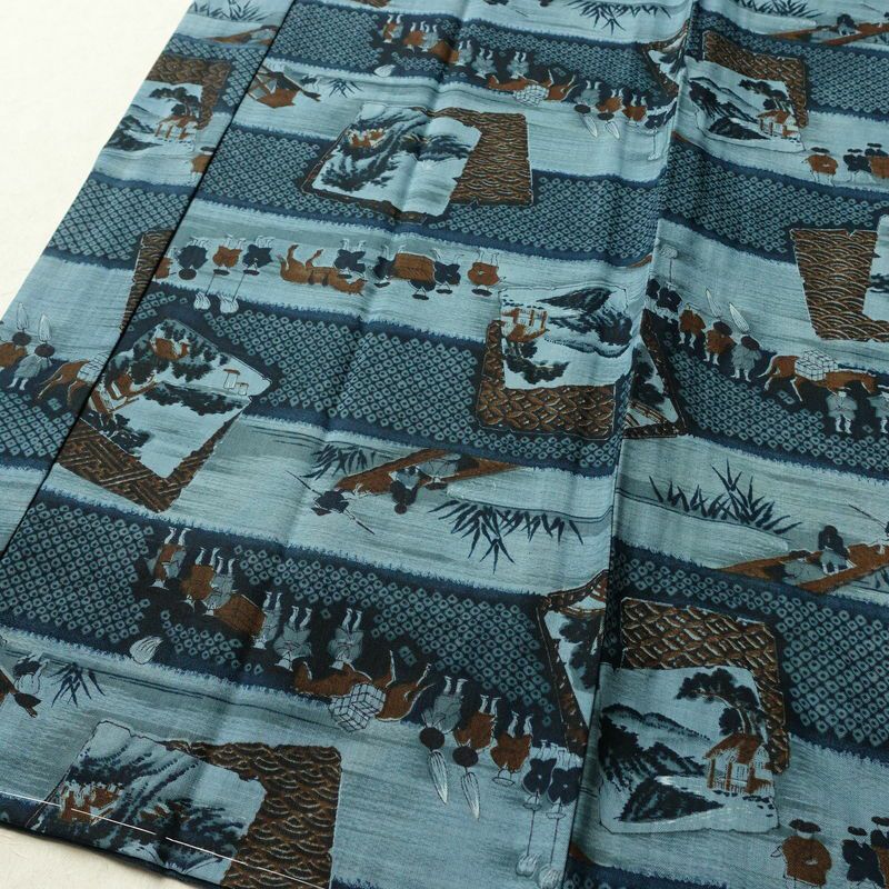 男性用 襦袢 美品 しつけ糸付き モスリン 風景柄 単衣仕立て 身丈134cm 裄丈66cm 青・紺_画像4