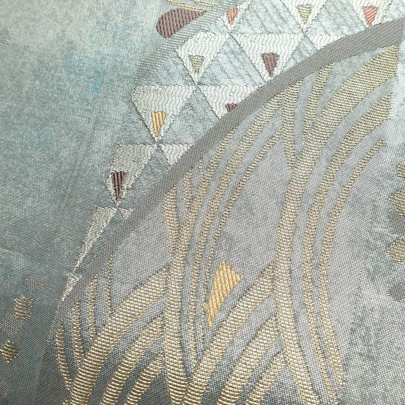 名古屋帯 秀逢錦 太鼓柄 良品 正絹 古典柄 名古屋仕立て 箔 金糸 帯 グレー_画像3