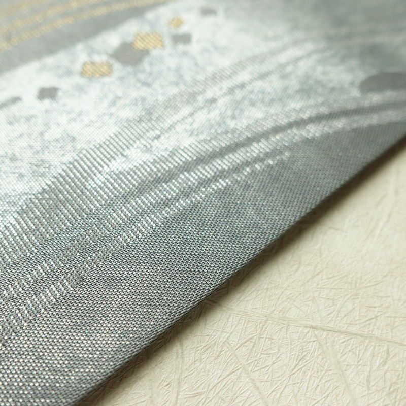 名古屋帯 秀逢錦 太鼓柄 良品 正絹 古典柄 名古屋仕立て 箔 金糸 帯 グレー_画像12