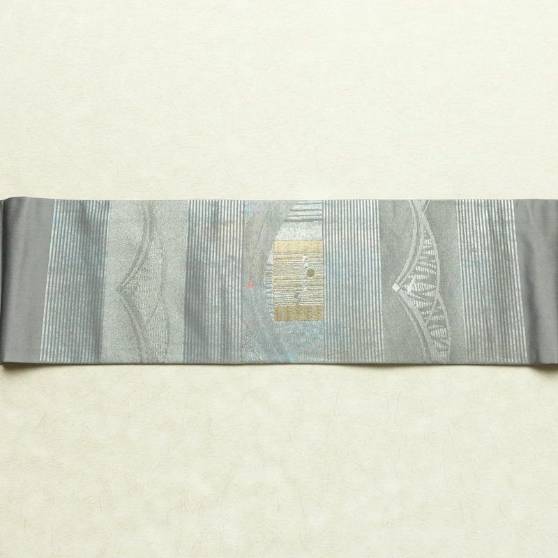 名古屋帯 秀逢錦 太鼓柄 良品 正絹 古典柄 名古屋仕立て 箔 金糸 帯 グレー_画像13