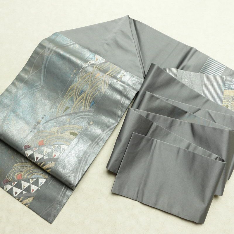 名古屋帯 秀逢錦 太鼓柄 良品 正絹 古典柄 名古屋仕立て 箔 金糸 帯 グレー_画像16