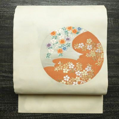 H-544 名古屋帯 名古屋仕立て 正絹 九寸 金駒 手刺繍華模様 おしどり