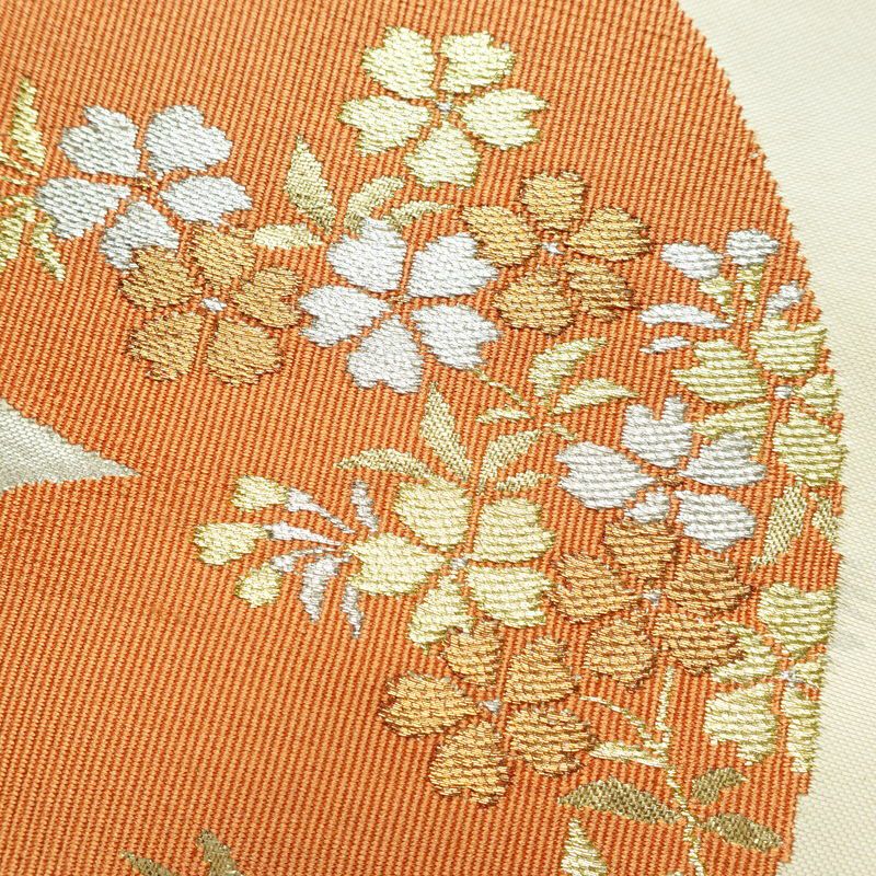 名古屋帯 太鼓柄 良品 正絹 花柄 名古屋仕立て 金糸 帯 クリーム_画像3