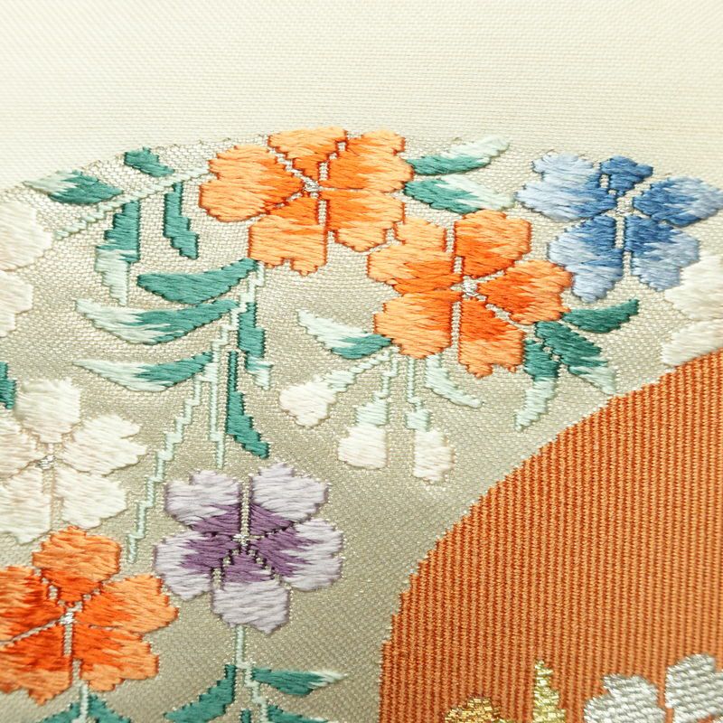 名古屋帯 太鼓柄 良品 正絹 花柄 名古屋仕立て 金糸 帯 クリーム_画像4