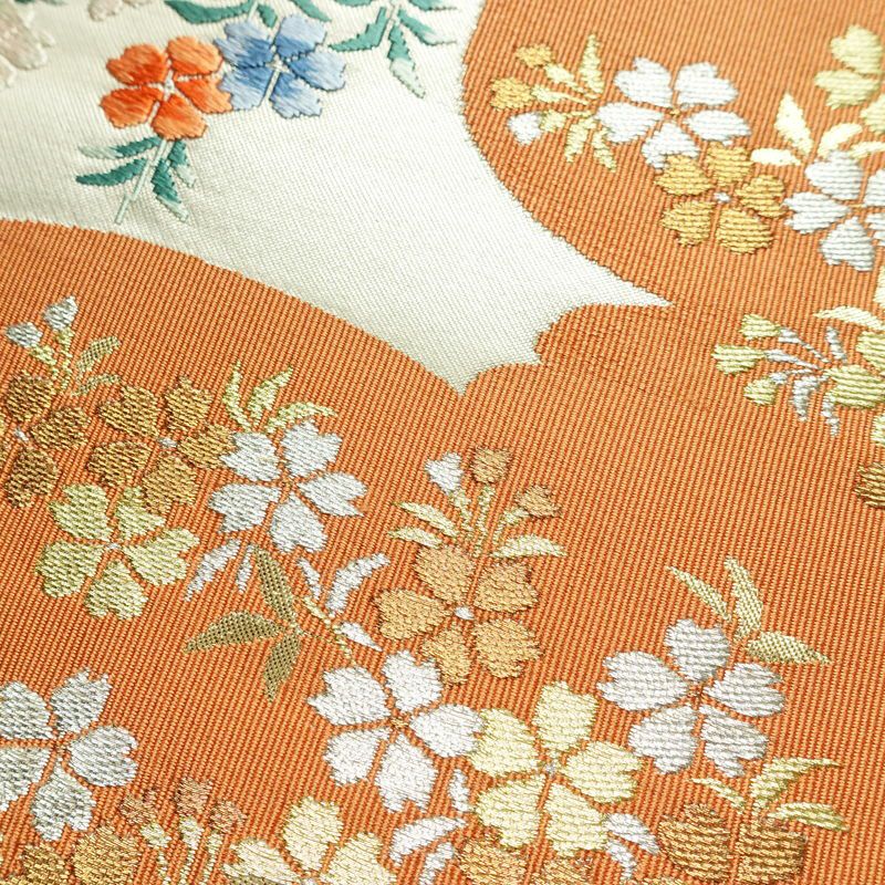 名古屋帯 太鼓柄 良品 正絹 花柄 名古屋仕立て 金糸 帯 クリーム_画像6