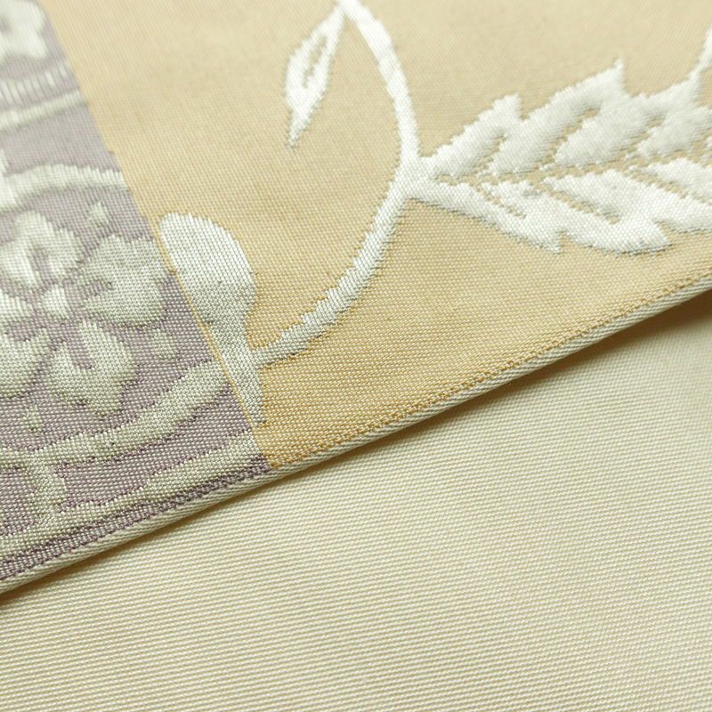 袋帯 六通柄 フォーマル用 正絹 木の葉・植物柄 箔 帯 クリーム_画像10