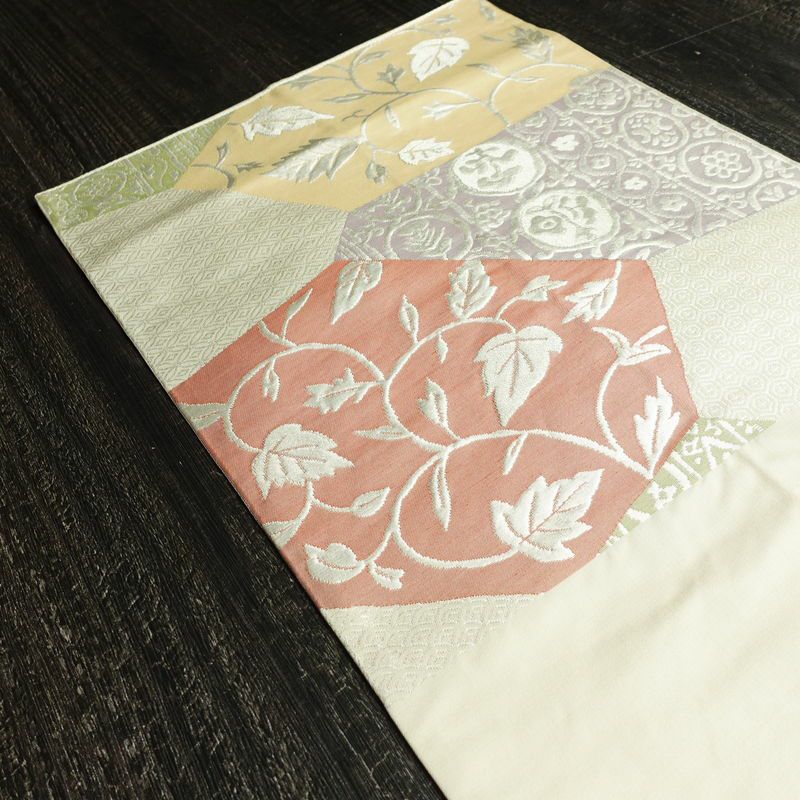 袋帯 六通柄 フォーマル用 正絹 木の葉・植物柄 箔 帯 クリーム_画像18