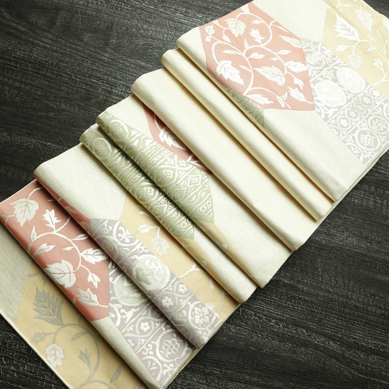 袋帯 六通柄 フォーマル用 正絹 木の葉・植物柄 箔 帯 クリーム_画像19