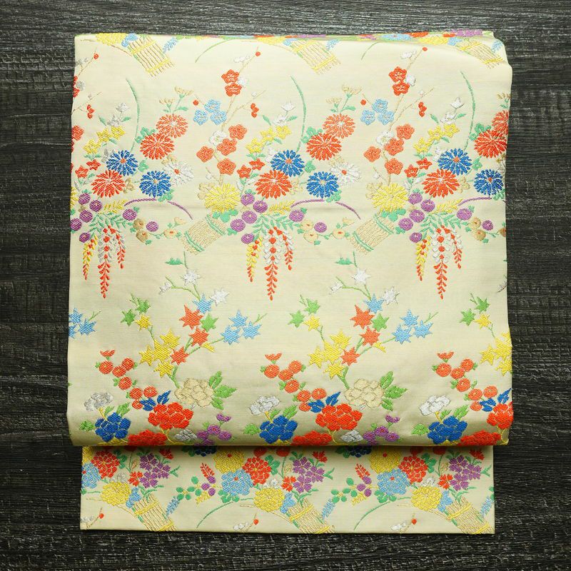 名古屋帯 太鼓柄 正絹 花柄 名古屋仕立て 金糸 銀糸 帯 ポケット付 クリーム_画像1