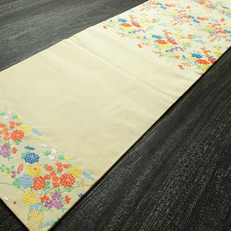 名古屋帯 太鼓柄 正絹 花柄 名古屋仕立て 金糸 銀糸 帯 ポケット付 クリーム_画像6