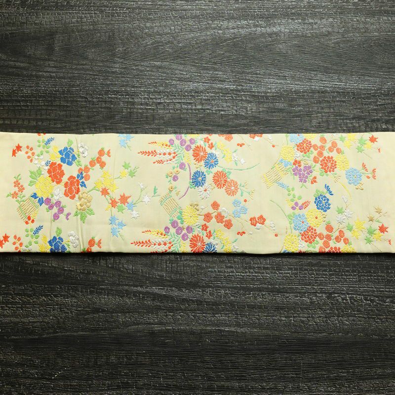 名古屋帯 太鼓柄 正絹 花柄 名古屋仕立て 金糸 銀糸 帯 ポケット付 クリーム_画像12