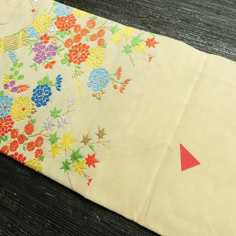 名古屋帯 太鼓柄 正絹 花柄 名古屋仕立て 金糸 銀糸 帯 ポケット付 クリーム_画像15