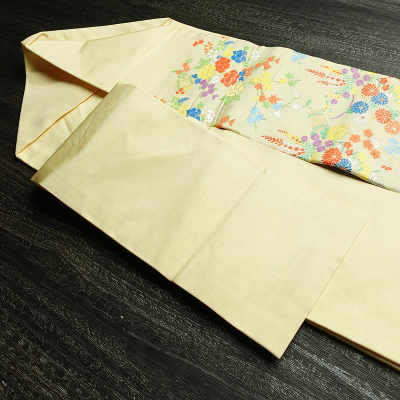 名古屋帯 太鼓柄 正絹 花柄 名古屋仕立て 金糸 銀糸 帯 ポケット付 クリーム_画像20