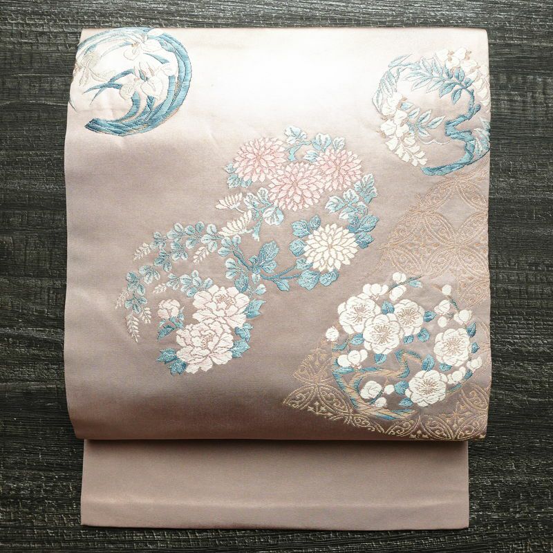 名古屋帯 太鼓柄 正絹 花柄 名古屋仕立て 箔 帯 ピンク_画像1