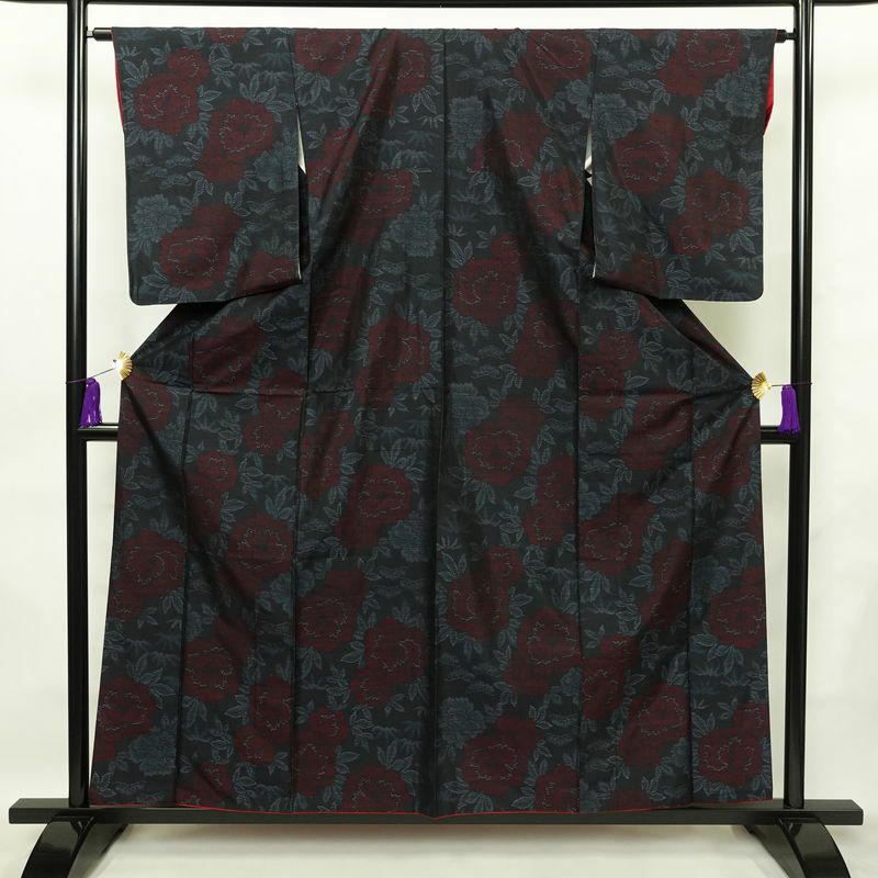 紬 正絹 花柄 袷仕立て 身丈159.5cm 裄丈64cm 着物 青・紺_画像1