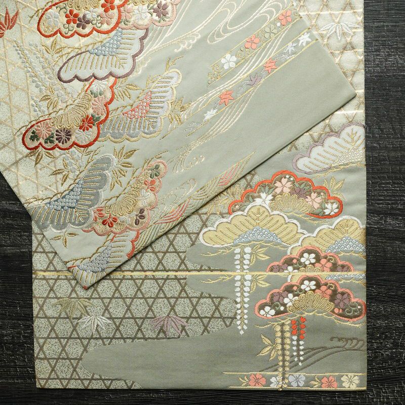 袋帯 六通柄 フォーマル用 正絹 古典柄 松 箔 金糸 帯 緑・うぐいす色_画像11