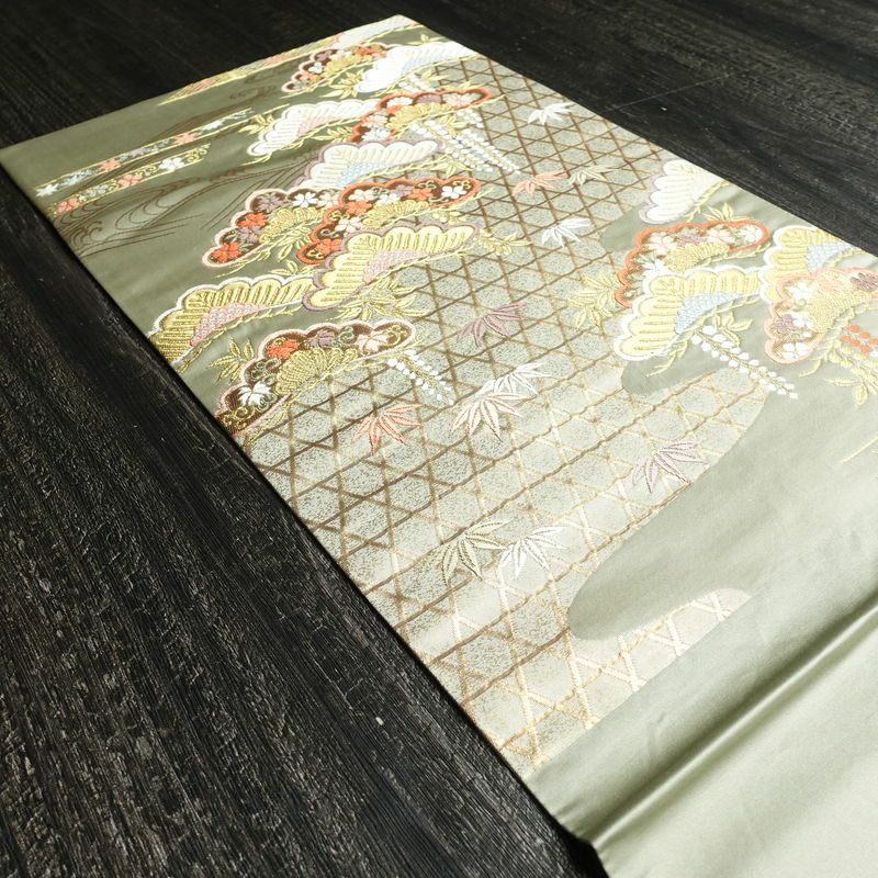 袋帯 六通柄 フォーマル用 正絹 古典柄 松 箔 金糸 帯 緑・うぐいす色_画像16
