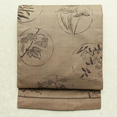 袋帯 未仕立て 六通柄 良品 一般用 正絹 木の葉・植物柄 帯 ベージュ