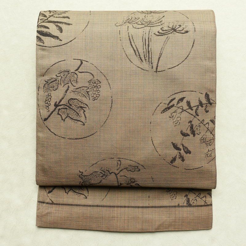 袋帯 未仕立て 六通柄 良品 一般用 正絹 木の葉・植物柄 帯 ベージュ_画像1