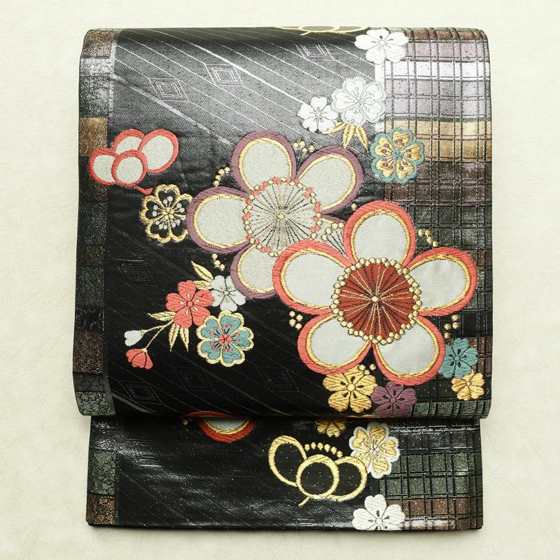 袋帯 六通柄 振袖用 正絹 花柄 桜 箔 金糸 帯 黒_画像1
