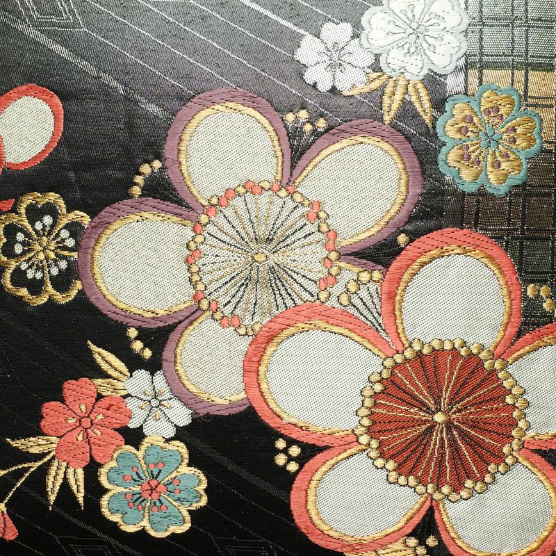 袋帯 六通柄 振袖用 正絹 花柄 桜 箔 金糸 帯 黒_画像2