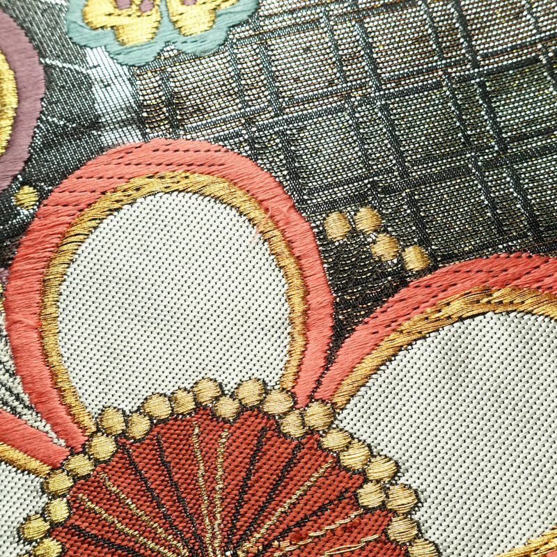 袋帯 六通柄 振袖用 正絹 花柄 桜 箔 金糸 帯 黒_画像3