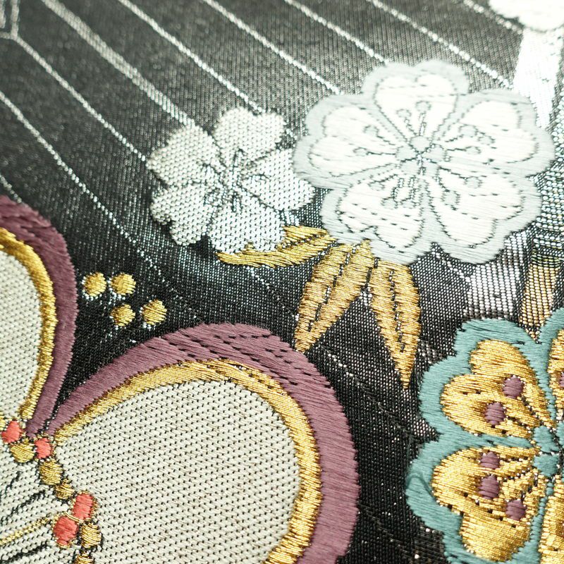 袋帯 六通柄 振袖用 正絹 花柄 桜 箔 金糸 帯 黒_画像4