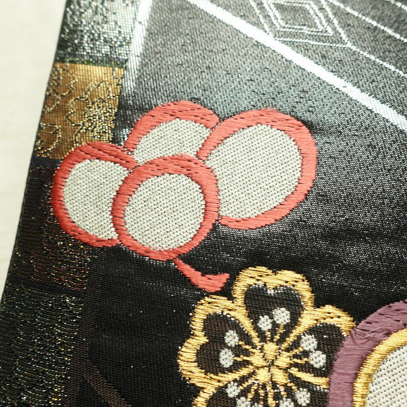 袋帯 六通柄 振袖用 正絹 花柄 桜 箔 金糸 帯 黒_画像5