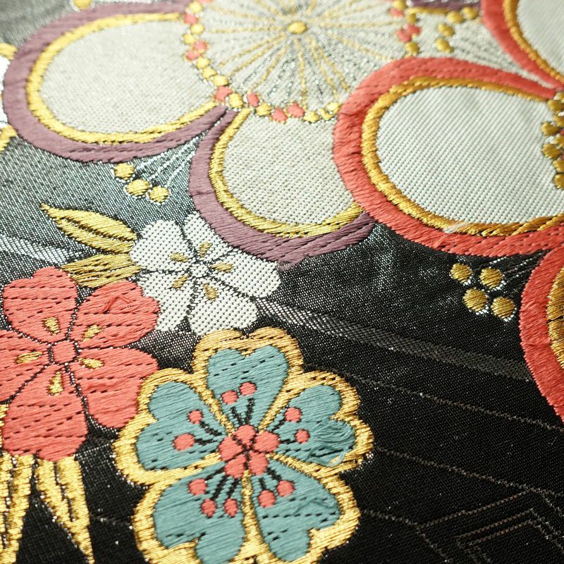 袋帯 六通柄 振袖用 正絹 花柄 桜 箔 金糸 帯 黒_画像6