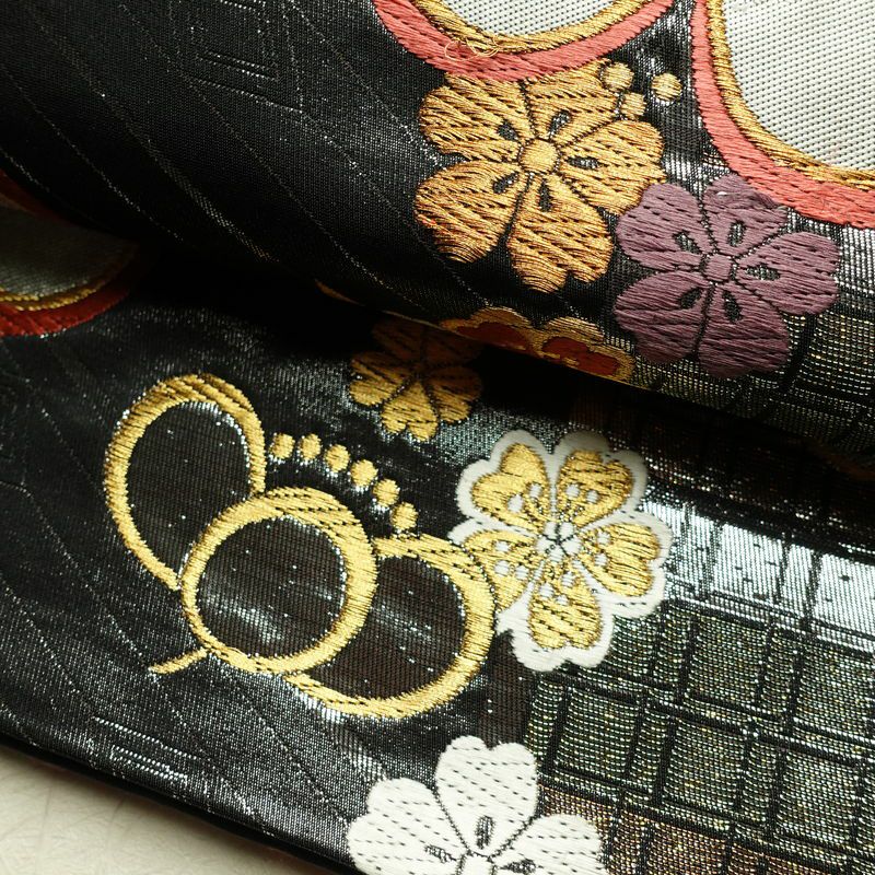 袋帯 六通柄 振袖用 正絹 花柄 桜 箔 金糸 帯 黒_画像7
