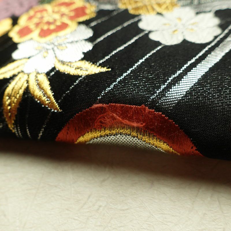 袋帯 六通柄 振袖用 正絹 花柄 桜 箔 金糸 帯 黒_画像14