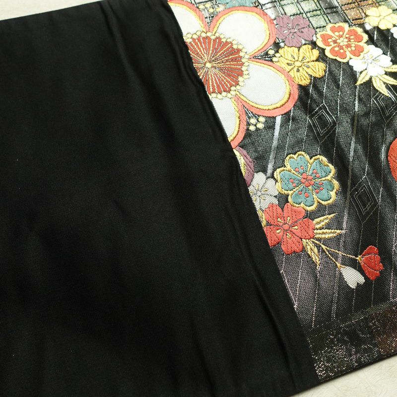 袋帯 六通柄 振袖用 正絹 花柄 桜 箔 金糸 帯 黒_画像16