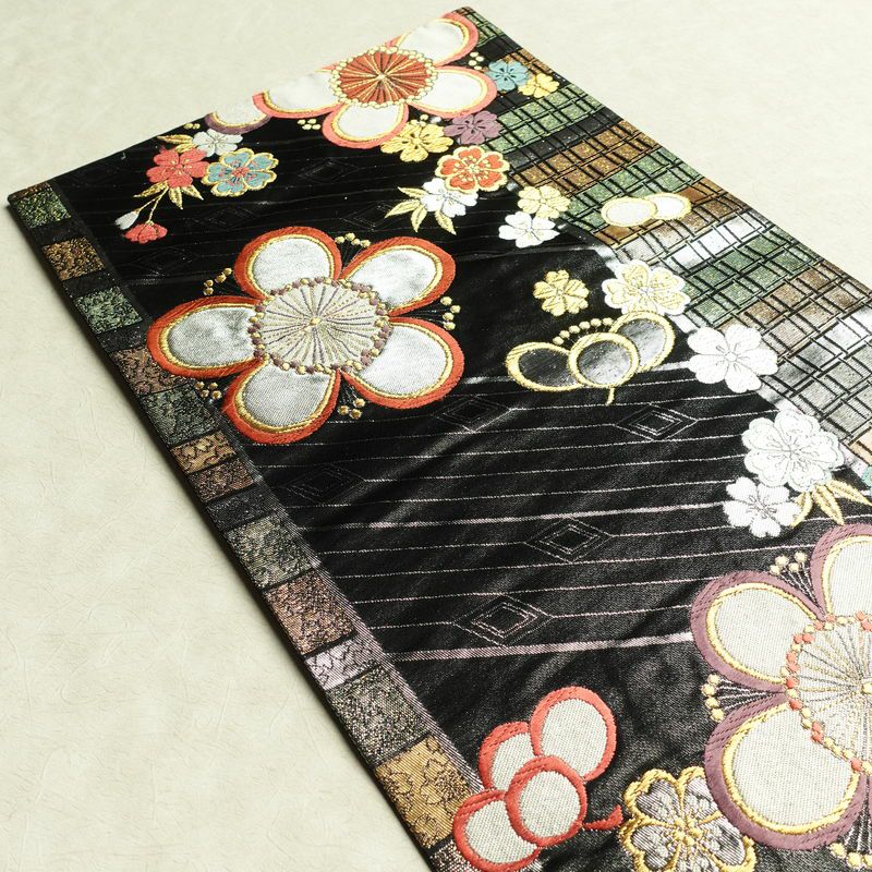 袋帯 六通柄 振袖用 正絹 花柄 桜 箔 金糸 帯 黒_画像18