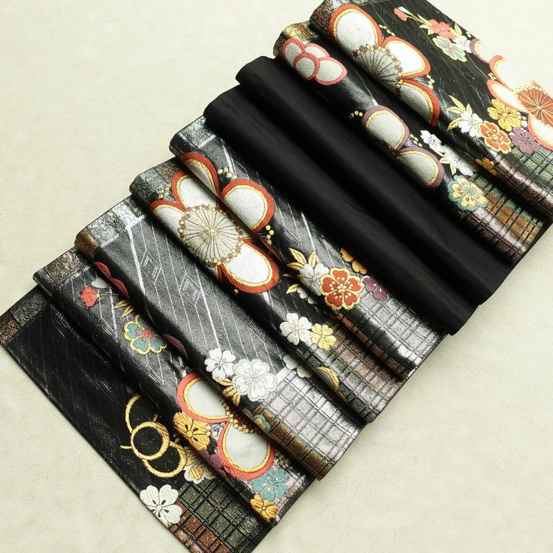 袋帯 六通柄 振袖用 正絹 花柄 桜 箔 金糸 帯 黒_画像20