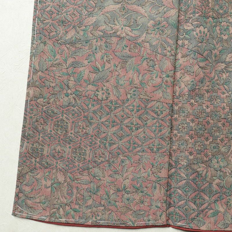 小紋 良品 しつけ糸付き 縮緬 総柄 ポリエステル 木の葉・植物柄 袷仕立て 身丈166cm 裄丈66cm 着物 多色使い_画像12