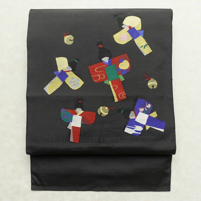 袋帯 六通柄 良品 一般用 正絹 長尺 人物・動物柄 帯 グレー_画像1