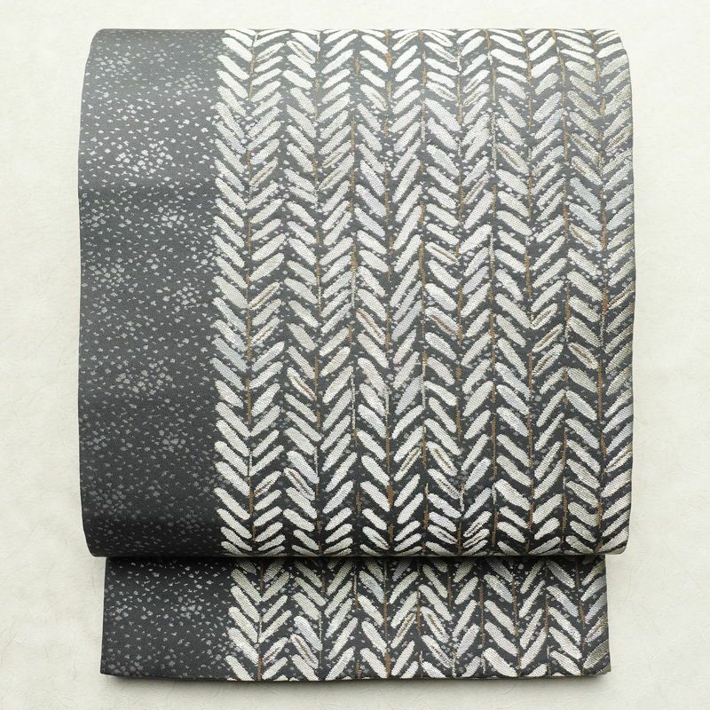 袋帯 六通柄 良品 フォーマル用 正絹 木の葉・植物柄 帯 グレー_画像1