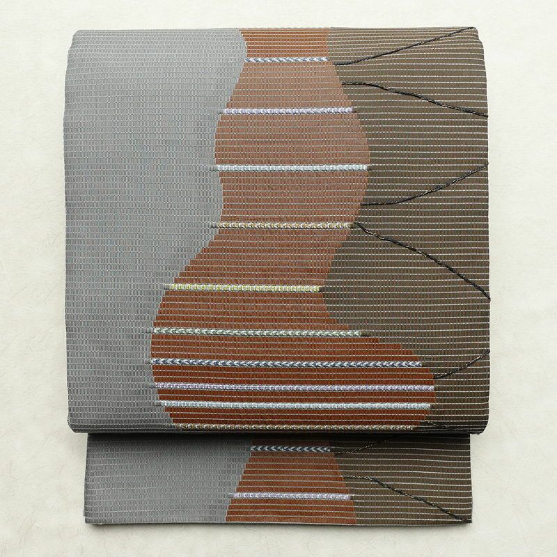 袋帯 六通柄 良品 一般用 正絹 幾何学柄・抽象柄 刺繍 帯 モダン 茶_画像1