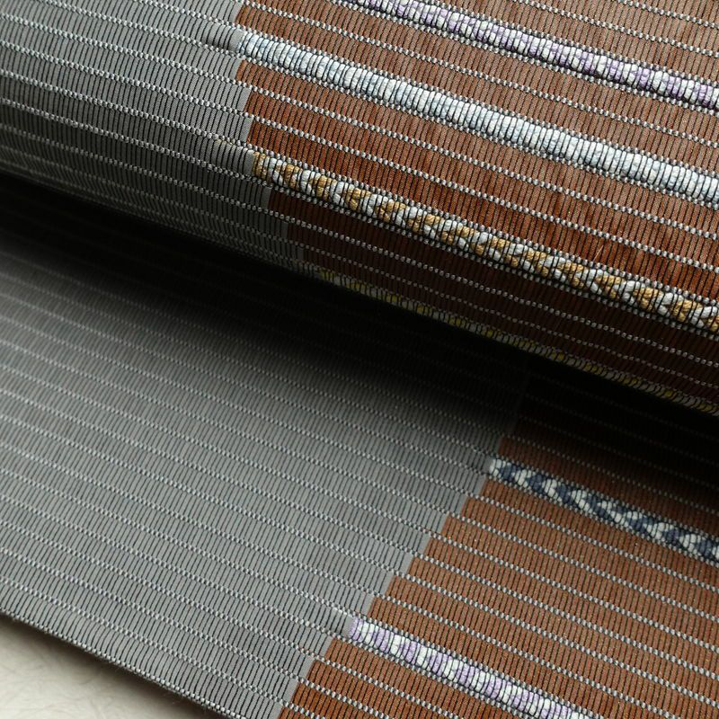 袋帯 六通柄 良品 一般用 正絹 幾何学柄・抽象柄 刺繍 帯 モダン 茶_画像7