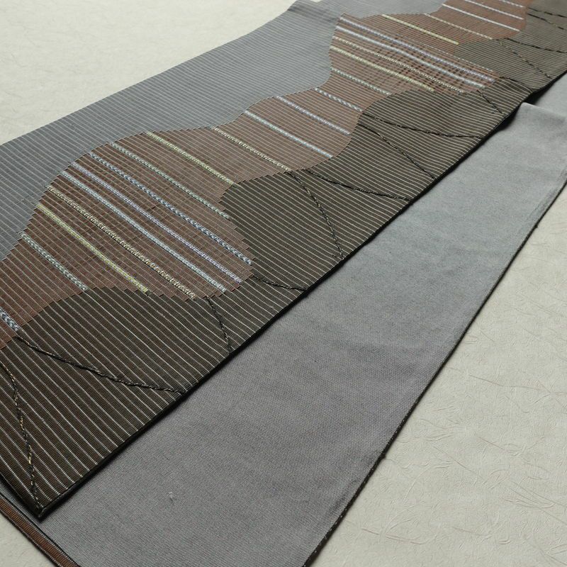 袋帯 六通柄 良品 一般用 正絹 幾何学柄・抽象柄 刺繍 帯 モダン 茶_画像8