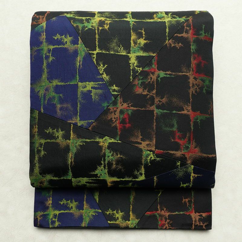 袋帯 全通柄 一般用 正絹 切嵌 幾何学柄・抽象柄 帯 黒_画像1