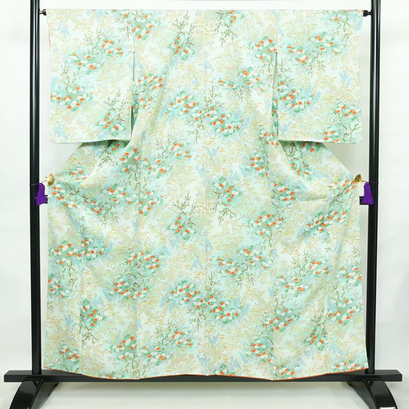 小紋 美品 総柄 正絹 花柄 袷仕立て 身丈157cm 裄丈65.5cm 一部しつけ糸付き 着物 緑・うぐいす色_画像1