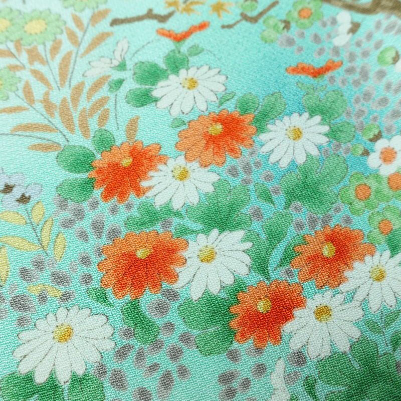 小紋 美品 総柄 正絹 花柄 袷仕立て 身丈157cm 裄丈65.5cm 一部しつけ糸付き 着物 緑・うぐいす色_画像8