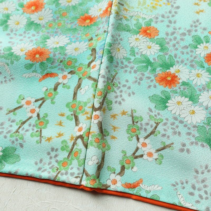 小紋 美品 総柄 正絹 花柄 袷仕立て 身丈157cm 裄丈65.5cm 一部しつけ糸付き 着物 緑・うぐいす色_画像12