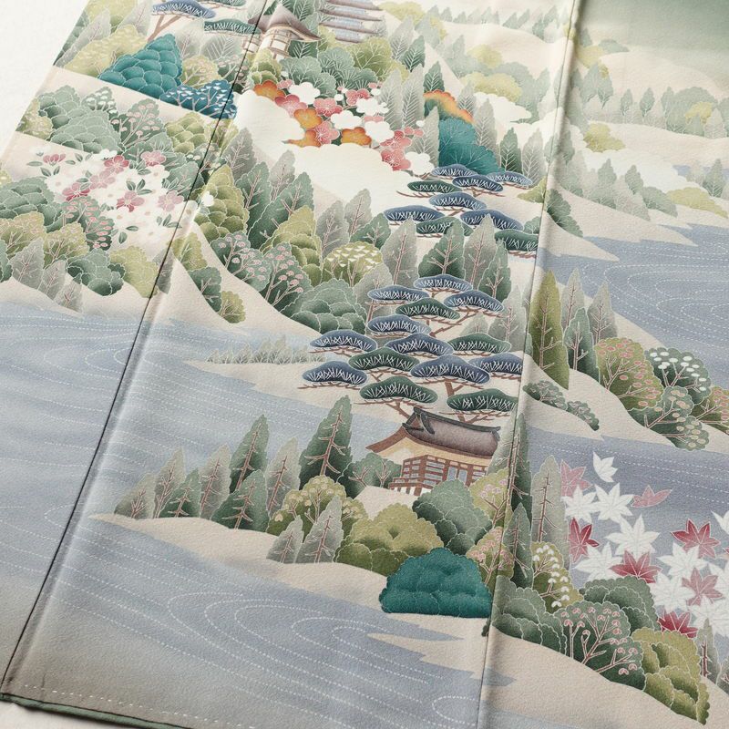 色留袖 縮緬 一つ紋付き 正絹 風景柄 袷仕立て 身丈160cm 裄丈67cm 共八掛 フォーマル 着物 緑・うぐいす色_画像4